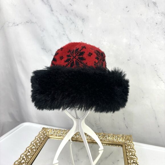 Vintage 70s Knit Russian Hat Women's Nordic Winter Beanie Red Black Faux Fur - Picture 11 of 13